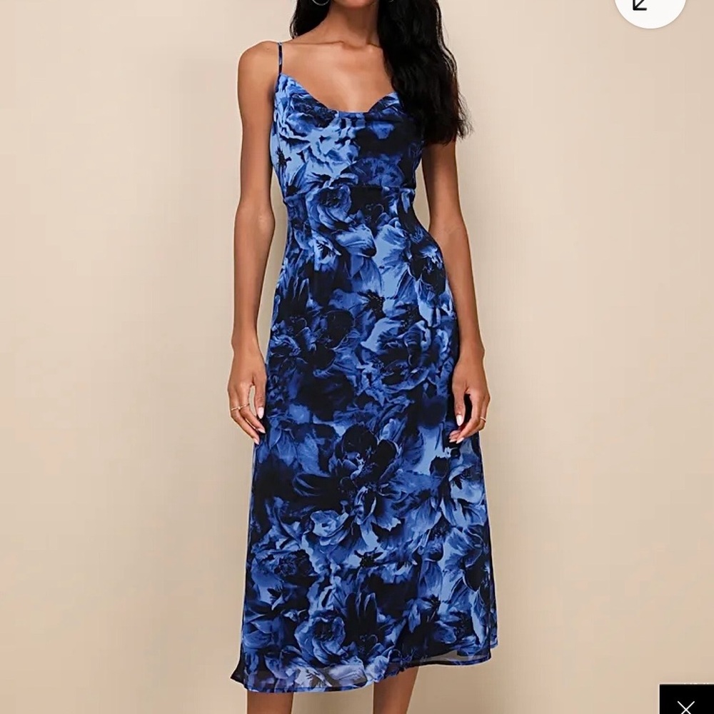 Lulu's Royal Blue Floral Cowl Slip Midi Dress